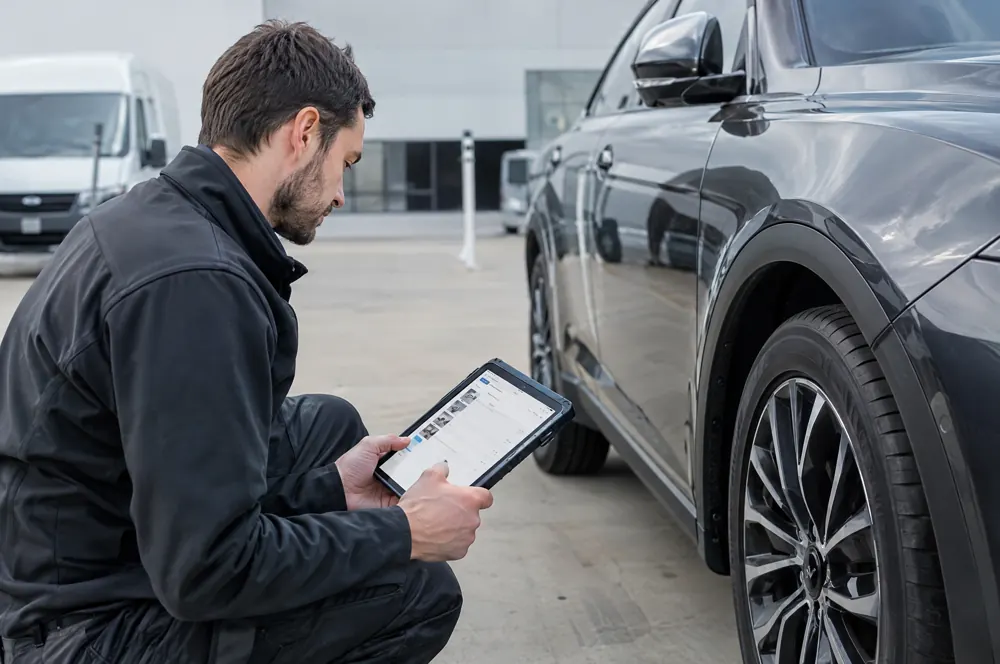 Fahrer dokumentiert den Fahrzeugzustand mit einem Tablet